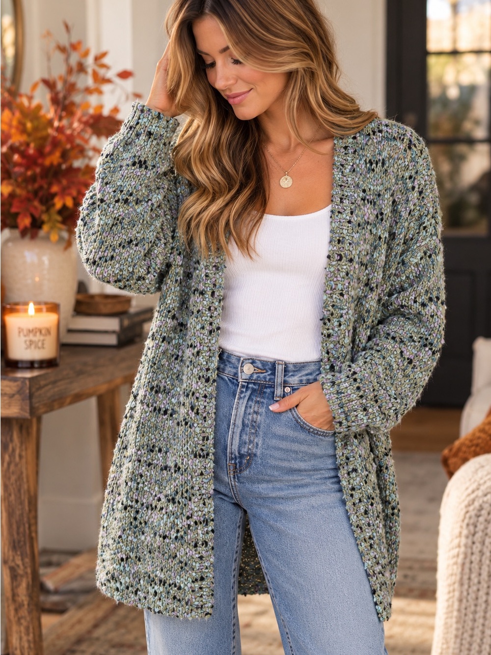 J.Jill Women’s Medium Speckled Open Front Long Cardigan Green Purple Cozy Knit
